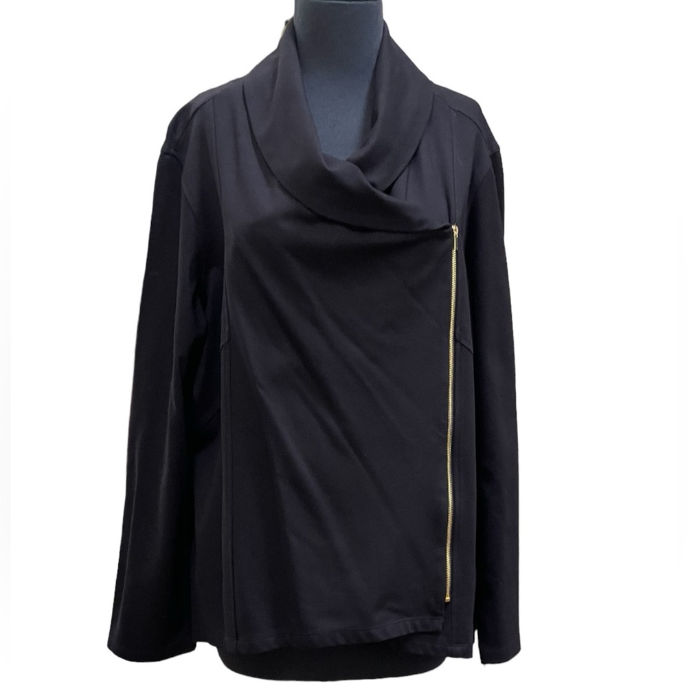IMAN Black Knit Moto Jacket Women’s Sz 1X Gold Zipper Off Centered Global Chic